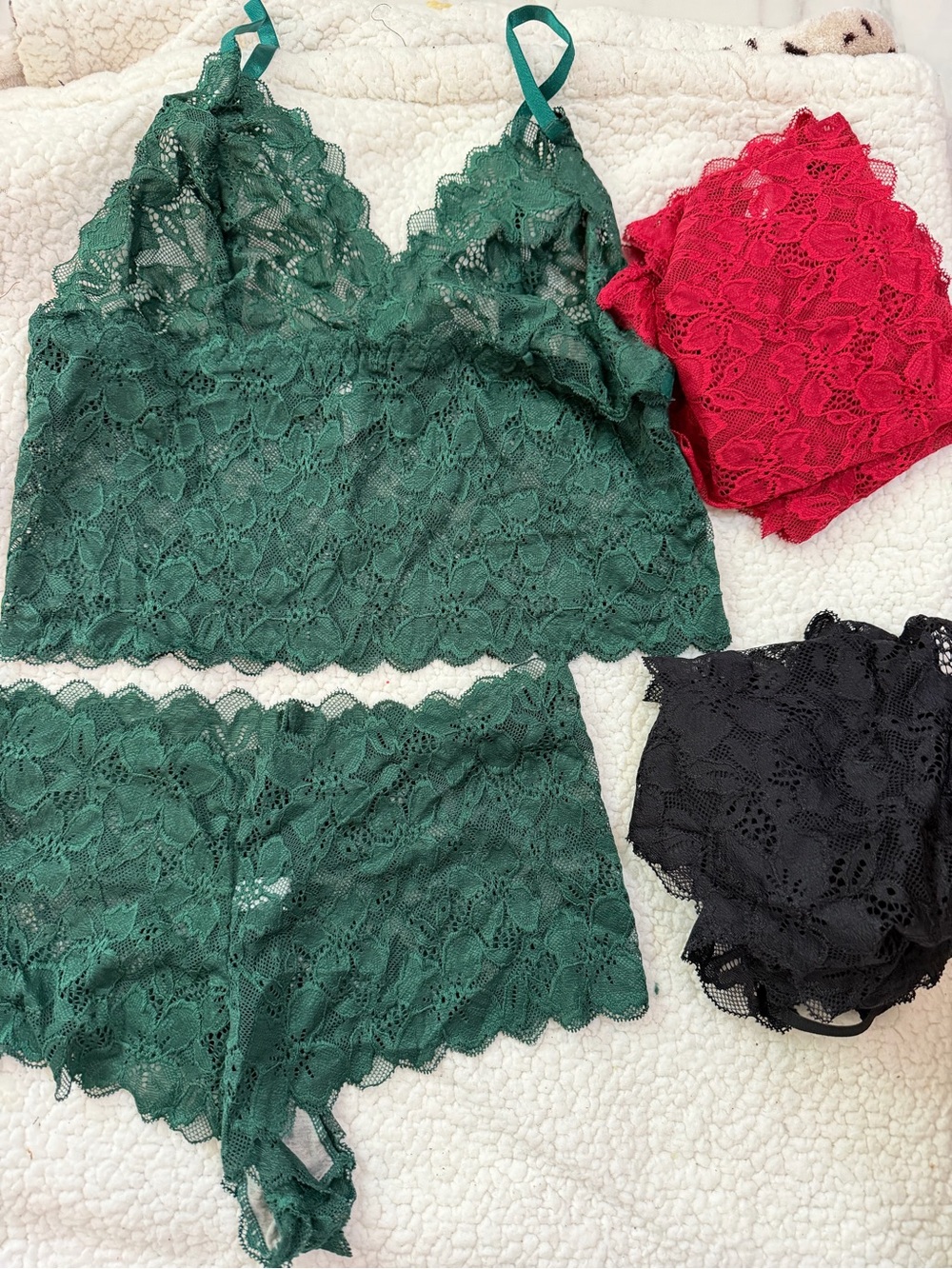 H&M Emerald Green Lace Bralette and Boyshorts with Red and Black Lace Accents 3